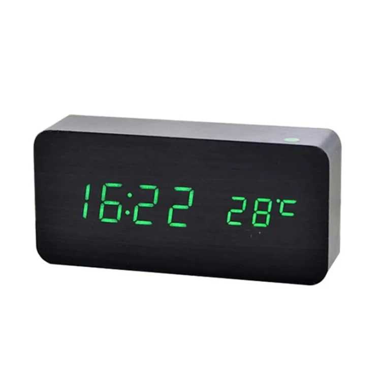 Woodly - Elegancki drewniany zegarek budzik na baterie - USB - cyfrowy - Czarny (Zielony Led).jpg