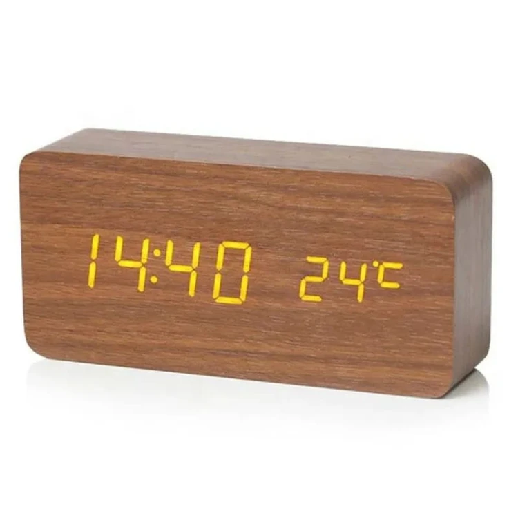 Woodly - Elegancki drewniany zegarek budzik na baterie - USB - cyfrowy - Brązowyy.jpg