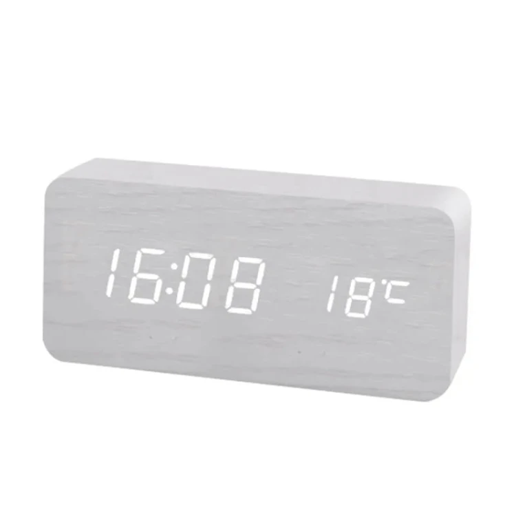 Woodly - Elegancki drewniany zegarek budzik na baterie - USB - cyfrowy - Biały.jpg