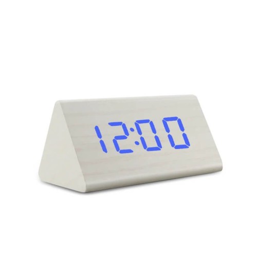 Triobu - Elegancki drewniany zegarek budzik na baterie - cyfrowy - Biały - niebieski LED.jpeg