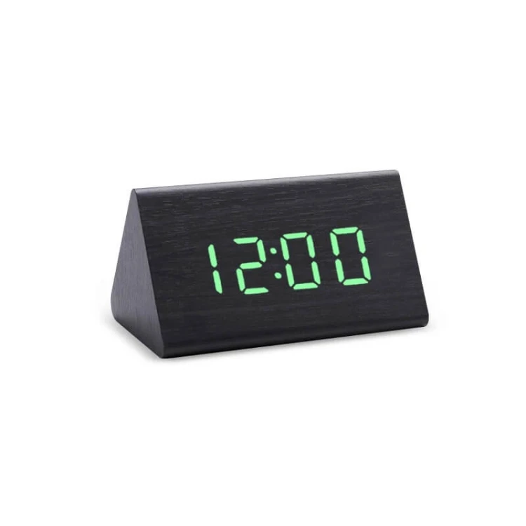 Triobu - Elegancki drewniany zegarek budzik na baterie - cyfrowy - Czarny - zielony LED.jpeg