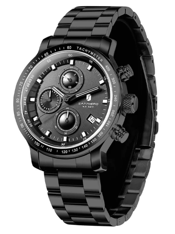Czarny Zegarek Męski Chronograph  Luksusowy Zegarek Sportowy - czarna koperta.jpeg