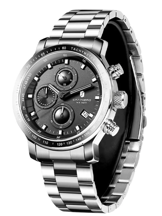 Srebrny Zegarek Męski Chronograph  Luksusowy Zegarek Sportowy - Czarna koperta koperta.jpeg