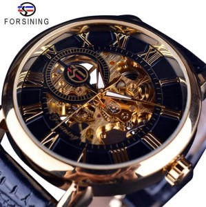 Męski Zegarek Mechaniczny Forsining Skeleton – Czarno-Złoty Design, Skórzany Pasek