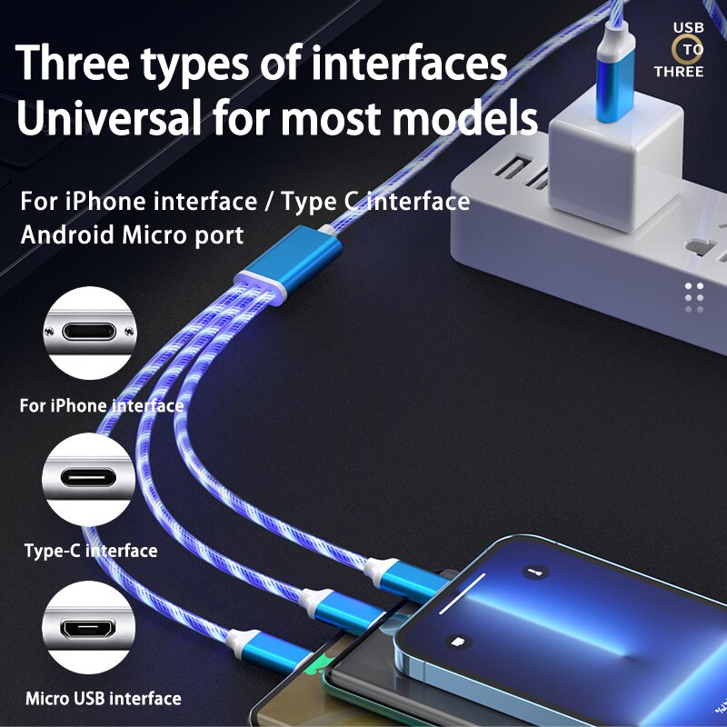 Kabel do telefonu 3 w 1 - USB-C - Lightning - Micro-USB - Świecący - 1M - trzy koncowki