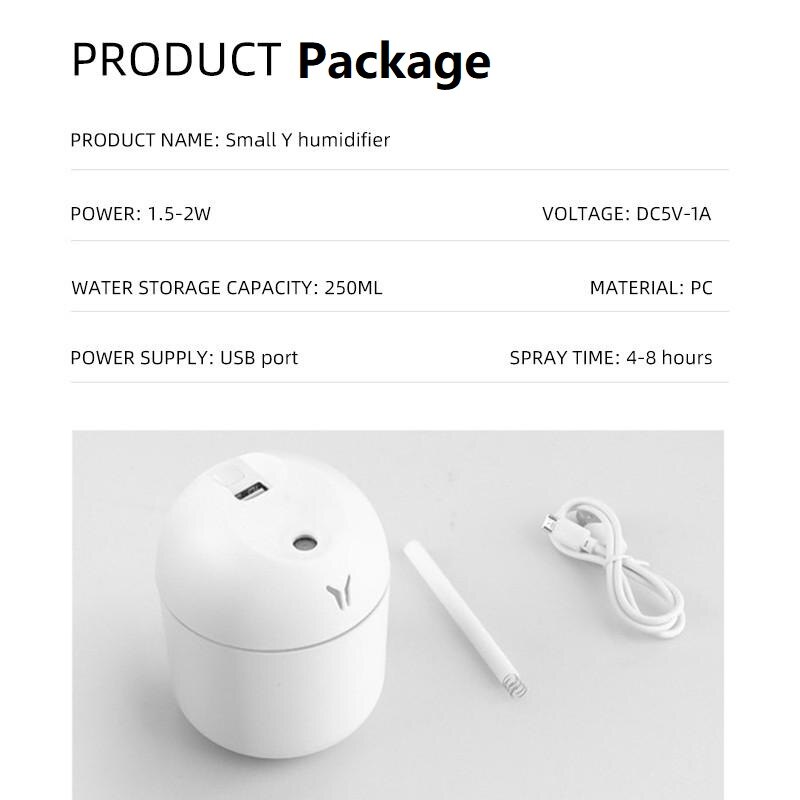 Mały nawilżacz powietrza Y - z aromaterapią i oświetleniem LED - 250ML - specyfikacja