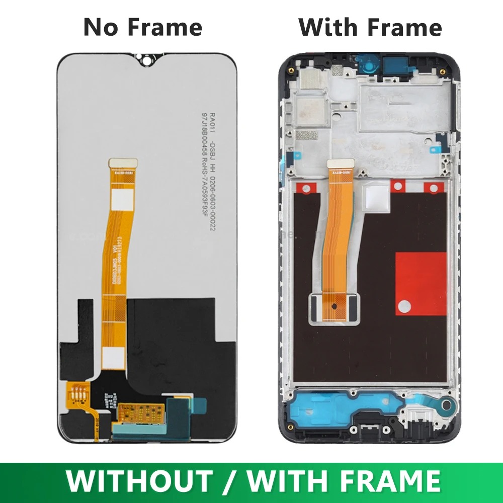Porównanie ekranu Realme 5 Pro bez ramki i z ramką, ukazujące wewnętrzne komponenty i złącza