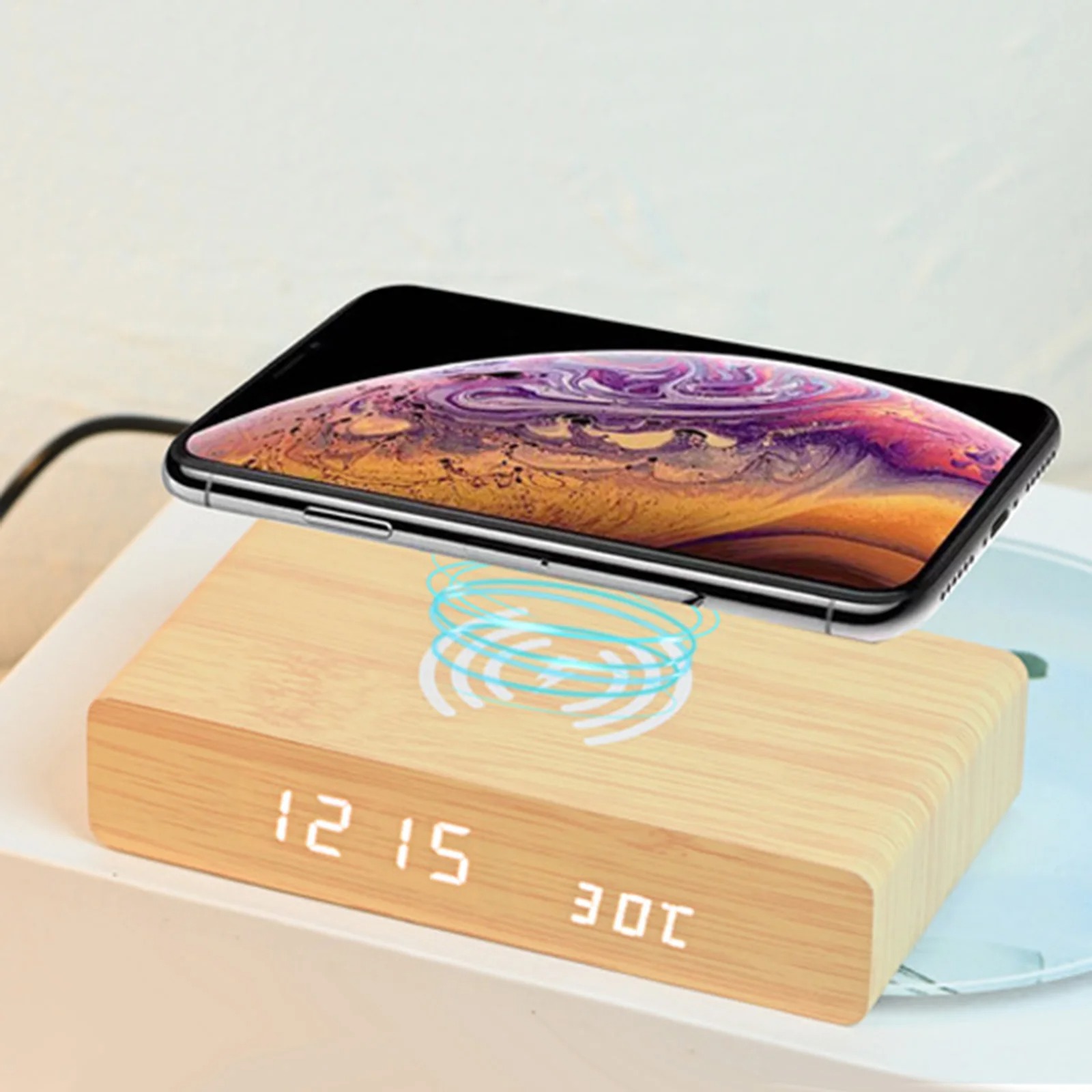 Budzik brązowy led zegar z ładowaniem